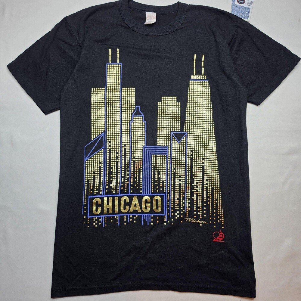 Vintage Chicago Skyline Shirt Mens M Black City Graphic Tee Made USA 80s 50/50